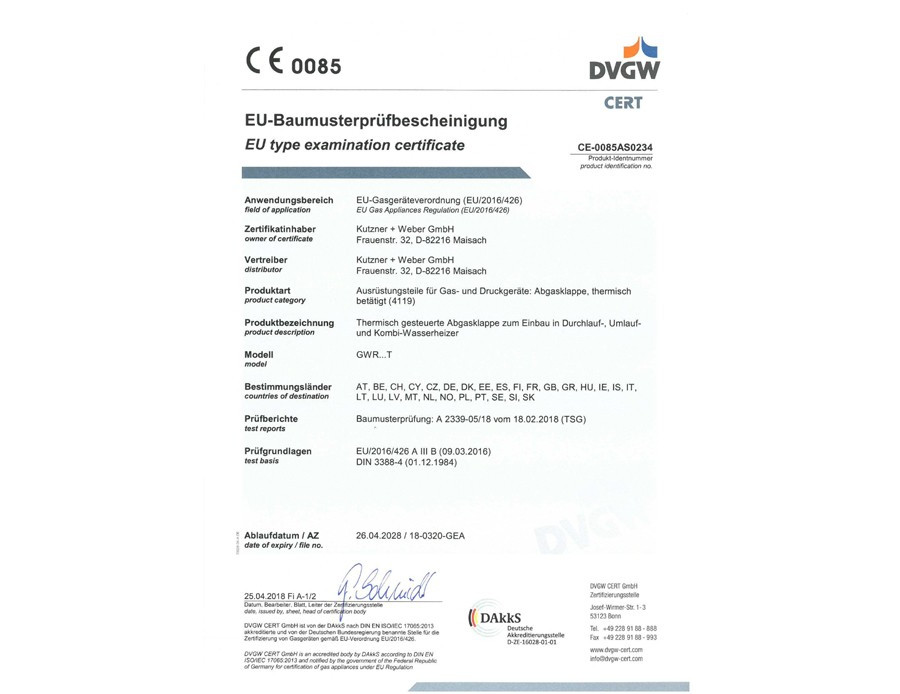 EU-Baumusterprüfbescheinigung für die thermischen Abgasklappen GWR…T